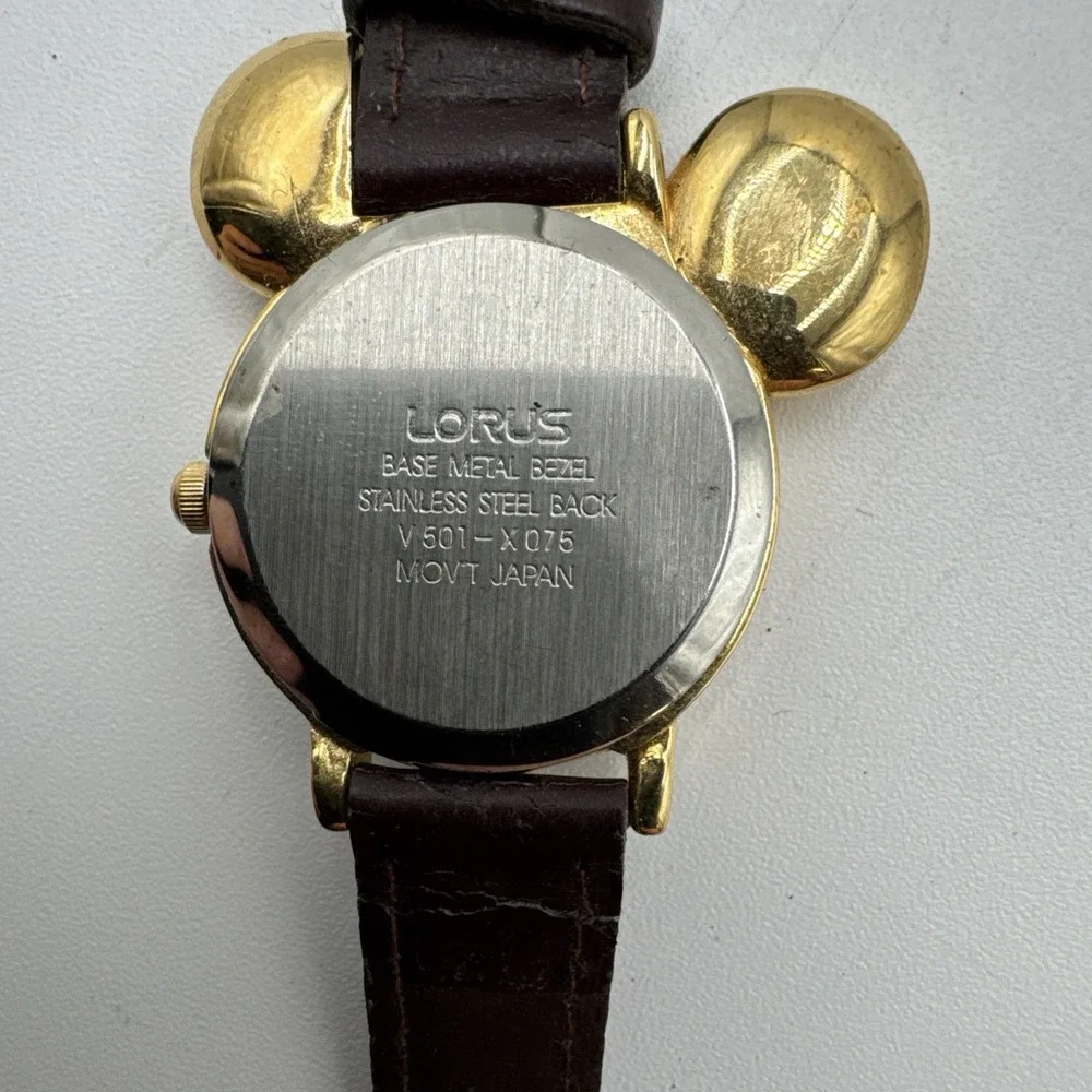 VTG LORUS Goldtone MICKEY MOUSE watch Lotus Brown Faux Leather Peeling Untested